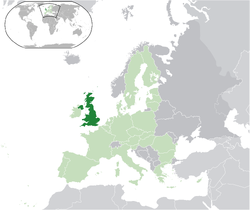 Two islands to the north-west of continental Europe. Highlighted are the larger island and the north-eastern fifth of the smaller island to the west.