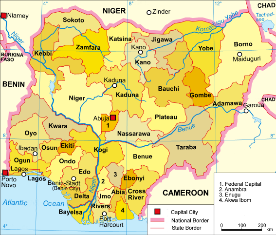 A clickable map of Nigeria exhibiting its 36 states and federal capital territory.