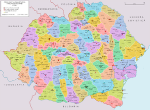 Colored map showing the territory of Romania and its division into 71 counties before the World War II.