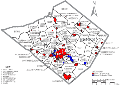 Map of Berks County, Pennsylvania with Municipal Labels showing Cities and Boroughs (red), Townships (white), and Census-designated places (blue).