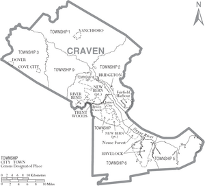 Map of Craven County North Carolina With Municipal and Township Labels