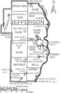Map of Jefferson County, Ohio with Municipal and Township Labels