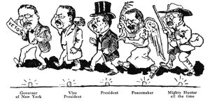 1910 cartoon shows Roosevelt's multiple roles from 1899 to 1910
