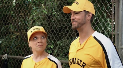 Liesl Obrecht and Peter August play baseball for 'The Invader at the park (2019)