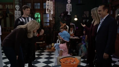 Scout arriving at the Halloween party with godparents Sonny and Carly, Michael, Donna and Nina (2023)