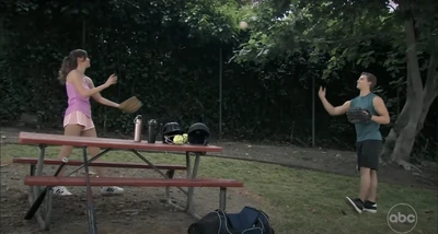 Gio Palmieri and Emma Scorpio-Drake practice baseball (2025)