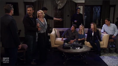 Valentin holding Laura, Lulu, Dante, Ava, Kevin, and Nikolas hostage