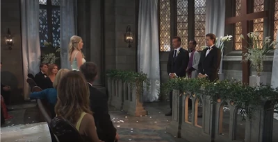 Bridesmaid Josslyn Jacks walk down the aisle for the Jarly wedding (2021)