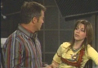 Father and daughter Ned Quartermaine and Brook Lynn talk at the studio