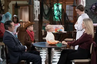 Nina with husband Sonny, daughter Willow, Wiley, and James on Halloween (2023)