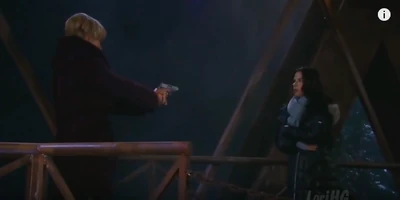 Olivia holds a pregnant Sam at gunpoint before she pushes her off a bridge