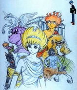 A revisiting of the team's designs, in an artbook illustration by Ishinomori (featuring his Jun character). Helena, Apollo, Hippo Man, Lion Man, Achilles, Pan, and a Centaur are present.