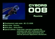 008 in the 2000 visual development trailer, tentatively depicted in his old manga design by Naoyuki Konno. Note the mention of "Kenia" (Kenya).