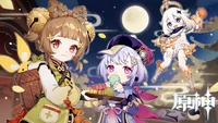 Yaoyao holds a tray of multicolored mooncakes, and Qiqi is eating one. Paimon is floating in the background and is also holding a mooncake.