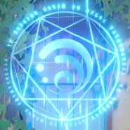 Magic circles with a heptagram around an elemental symbol: Ex culmine lucis in magno elementorum ("From the peak of light, to greatness of the elements"), written twice