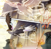 Two comic panels depicting Vennessa's ascension to Celestia. In the first panel, a transparent falcon flies upwards. In the second panel, the falcon flies around a round building, and only the tips of its wings are transparent.