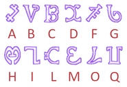 Enochian alphabet letters found in-game with corresponding letters from the real-life Enochian alphabet.