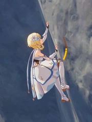 Lumine climbing up a rock wall