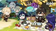 Paimon, Viajante, Shogun Raiden, Venti e Zhongli celebrando 2 Milhões de seguidores no Weibo