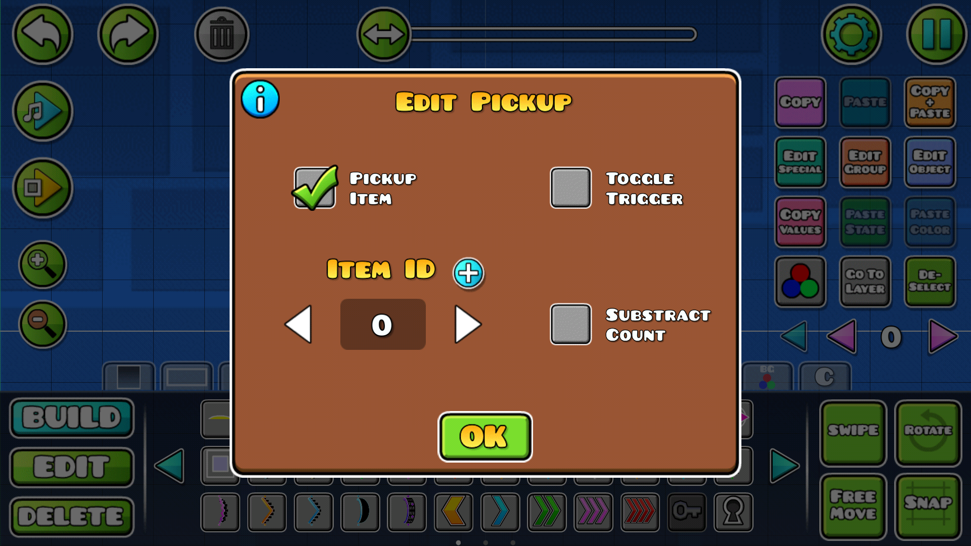 Pickup Item setup menu