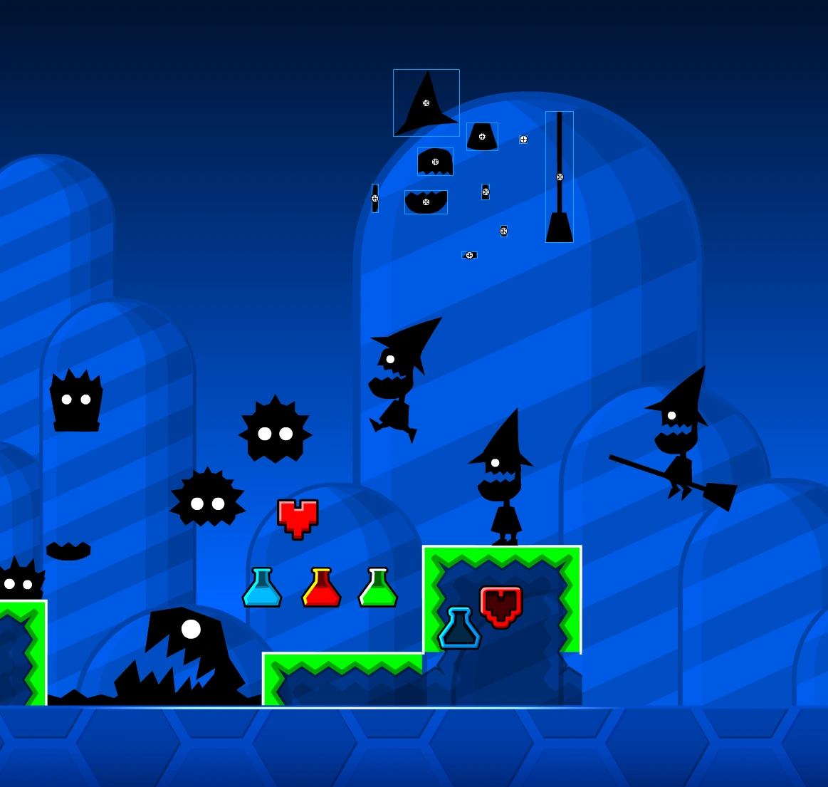 Idea for abandoned 2.0 monsters shown by RobTop on Discord. Besides the used ones, the image also shows a monster that looks like a stereotypical witch and another that looks like the ones to their right except airborne. This may have inspired the Spikeball/Thorn monster in 2.2.[30]