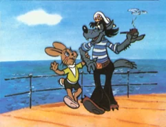 An animation cel taken from the Nu Pogodi episode, "Cruise Ship At Sea"