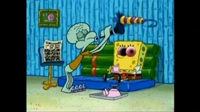 Frame from a now deleted YouTube video showing SpongeBob's altered appearance ("spooky spongebob ad"; circa 2010).