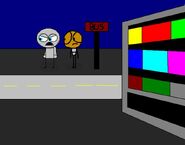 Geo Guy and Green Bob at the bus stop from the cancelled episode, Lost In Greeny City.