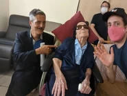 Randon (aged 118) on 28 June 2022, being visited by the filmmaker Sam Green and his team as part of his project to interview the oldest people in the world for an upcoming film.