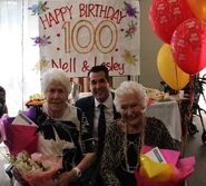 Nell Burns, Michael Sukkar and Ricketson on Ricketson’s 100th birthday on 13 February 2017