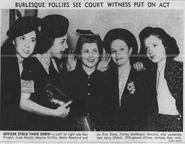 Rowland (age 23, second to right) on a newspaper article with her fellow dancers in 1939.