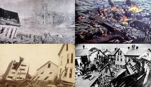 Photos of the 1889 Johnstown Flood's effects. From top, left to right: damage in Downtown Johnstown, an artist's rendition of the flood and fire at , damage at the John Schultz House, and people surveying the damage in Johnstown following the flood.
