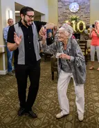 On her 110th birthday in 2022, standing