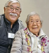 Miwa on her 109th birthday in 2023, with her youngest son, Alan