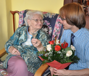 Juniewicz celebrating her 111th birthday in 2017, pictured with GRG Poland correspondent Waclaw Jan Kroczek.