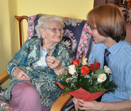 Juniewicz celebrating her 111th birthday in 2017, pictured with GRG Poland correspondent Waclaw Jan Kroczek