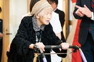 Tanaka (aged 116) using a walker on 9 March 2019, just moments before being recognized by Guinness World Records.