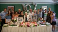 Dobin on her 107th birthday with her children, grandchildren, and great-grandchildren in 2018