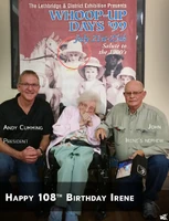 Irene at the age of 108, with her picture in the background at 8/9 years old.