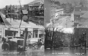 Photos of the 1936 Johnstown Flood's effects. From top, left to right: damage on Baumer Street, high water mark at the Johnstown Post Office, flood wreckage on Clinton Street, and debris on Vine Street.