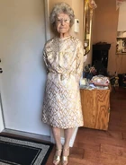 Piano (age 99) wearing a shirt she made herself in the 1960s, at her 100th birthday celebration party, one day before her 100th birthday on April 9, 2017.