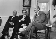 Kissinger (Age 45) sits with President Lyndon B. Johnson at the White House in Washington, D.C., in 1968. After World War II, Kissinger went on to a long and distinguished diplomatic career.