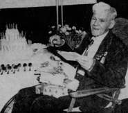 Riddle (age 104) opening gifts on his 104th birthday on April 16, 1950.