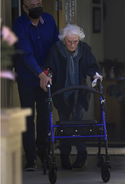 Ceccarelli using a walker on her 114th birthday in 2022