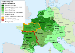 Eine Darstellung des Fränkischen Reiches mit Neustrien im Nordwesen, orange umrandet.