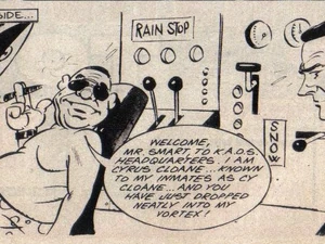 Cy Cloane (left) and his weather machine.