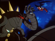 Shin Dragon blocks Shin Getter Robo's tomahawk attack.