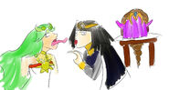 Palutena and Tharja kissing and Zelda in the background looking Jelly as requested. It came out quite y if I do say so myself.