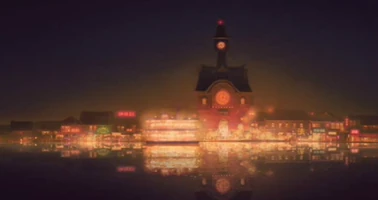 Man sieht die Stadt mit Lichter.