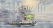 Akios Schiff fährt in den Hafen ein.
